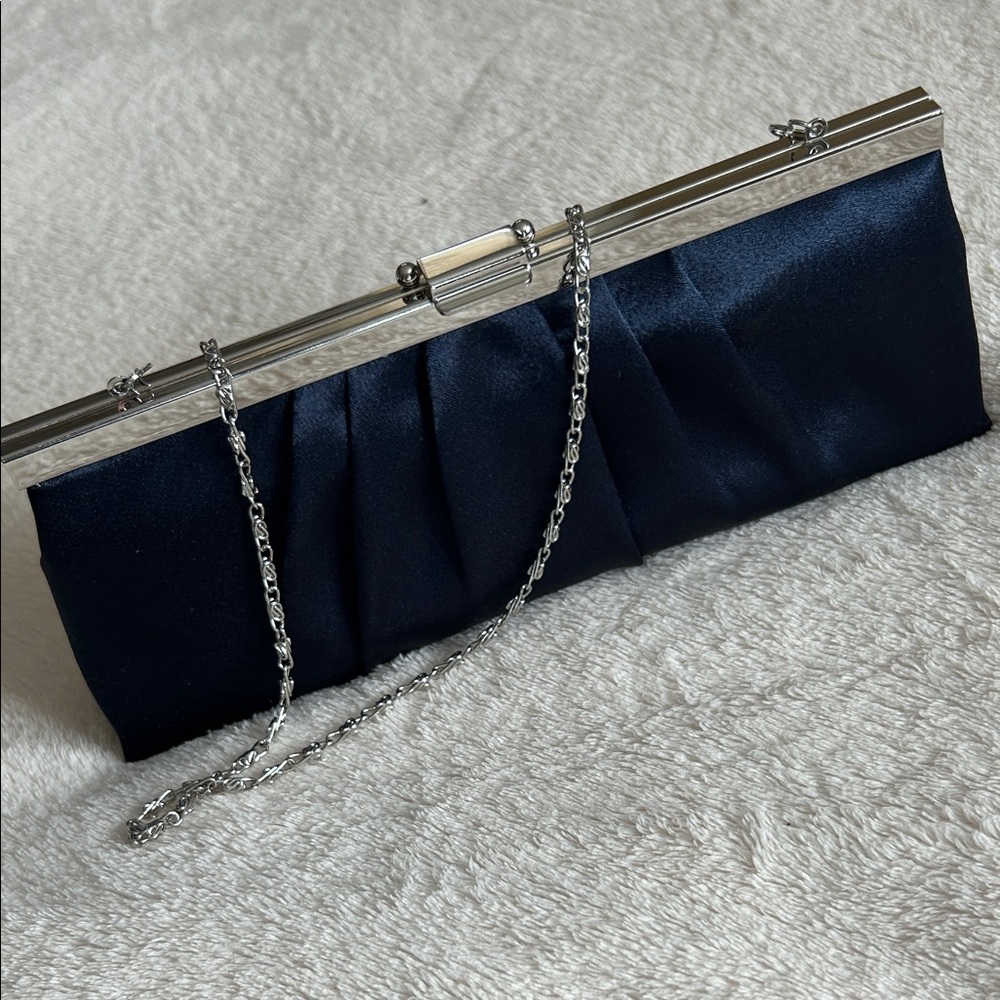 Chic Navy Satin Clutch with Chain Strap